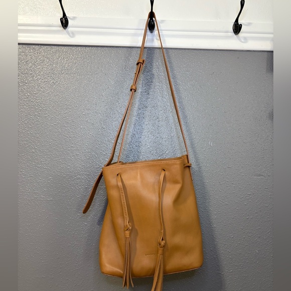 Poetry Handbags - - [ ] Poetry Tan Leather Bucket Bag with Tassels
